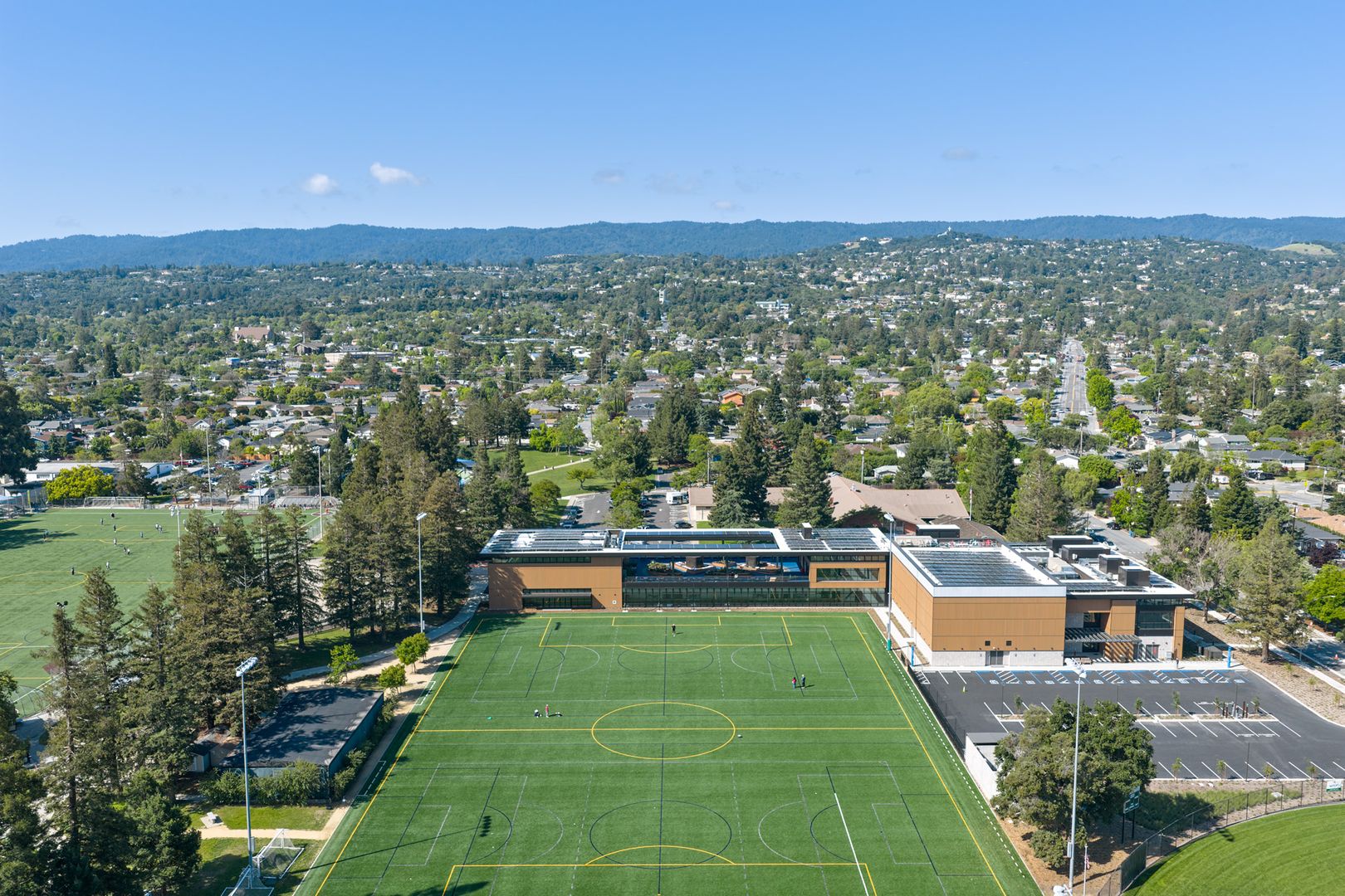 Aerial view — Veterans Memorial Centre within its community context